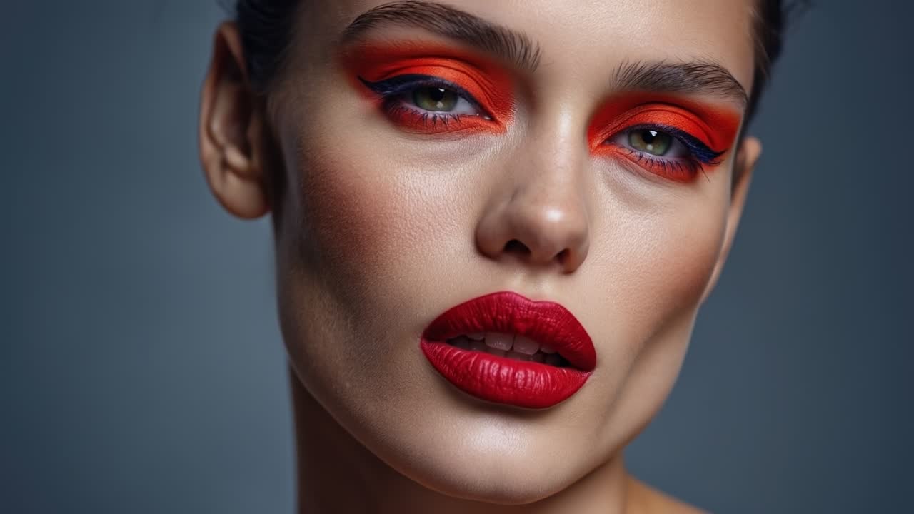 Extreme close up of professional makeup on a woman with bright orange eyeshadow and red lipstick