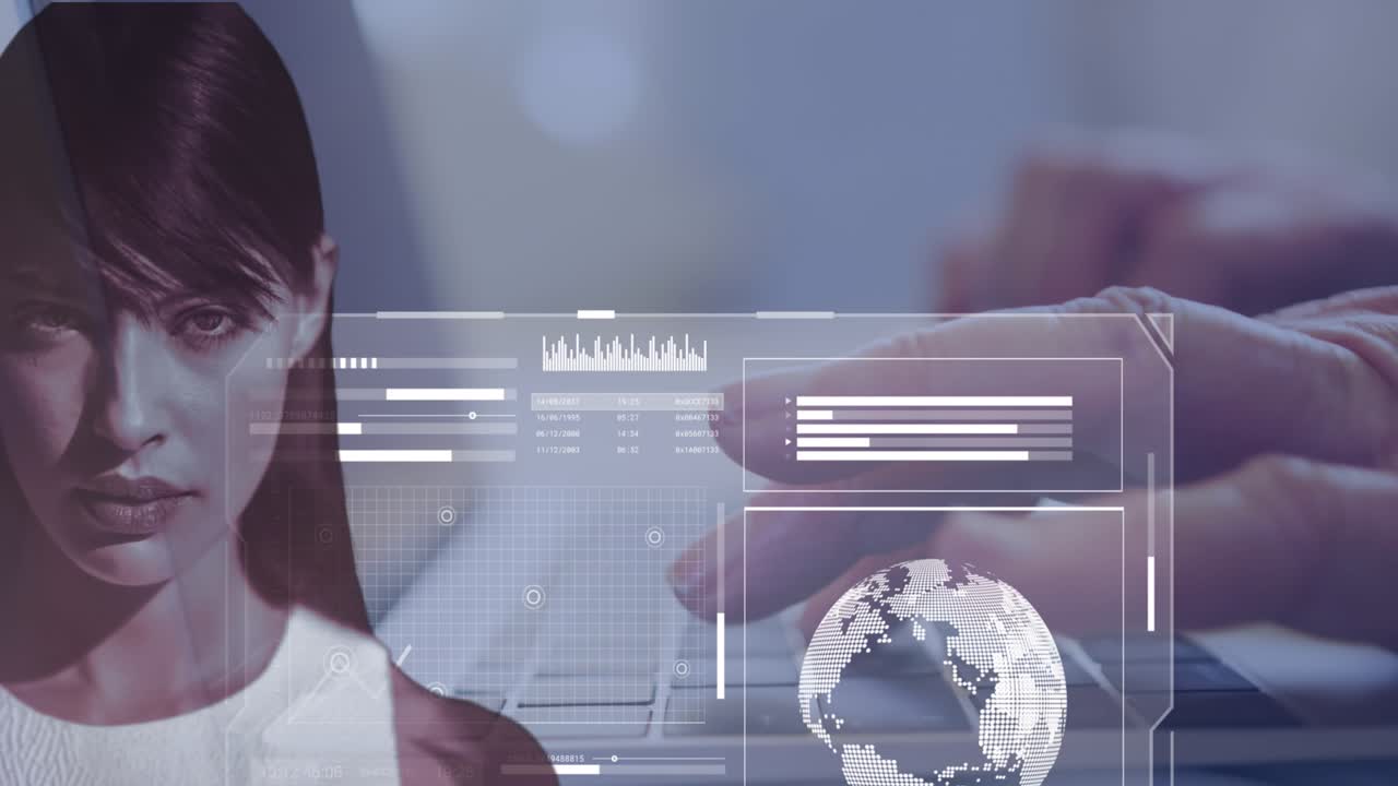 Animation of data processing over caucasian woman and hands using laptop