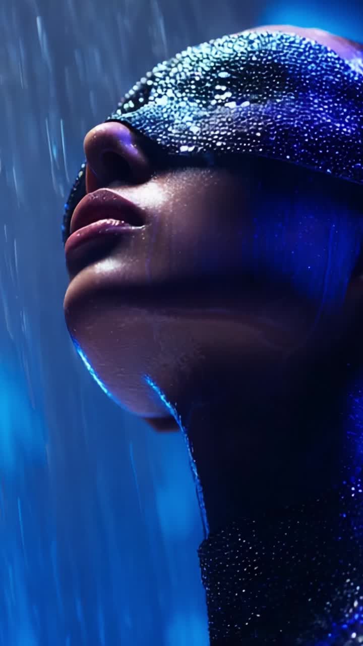 Mystical Raindrops: An Enigmatic Portrait Captured in the Ethereal Light and Delicate Details of a Model Behind a Shimmering Mask Under a Rainfall