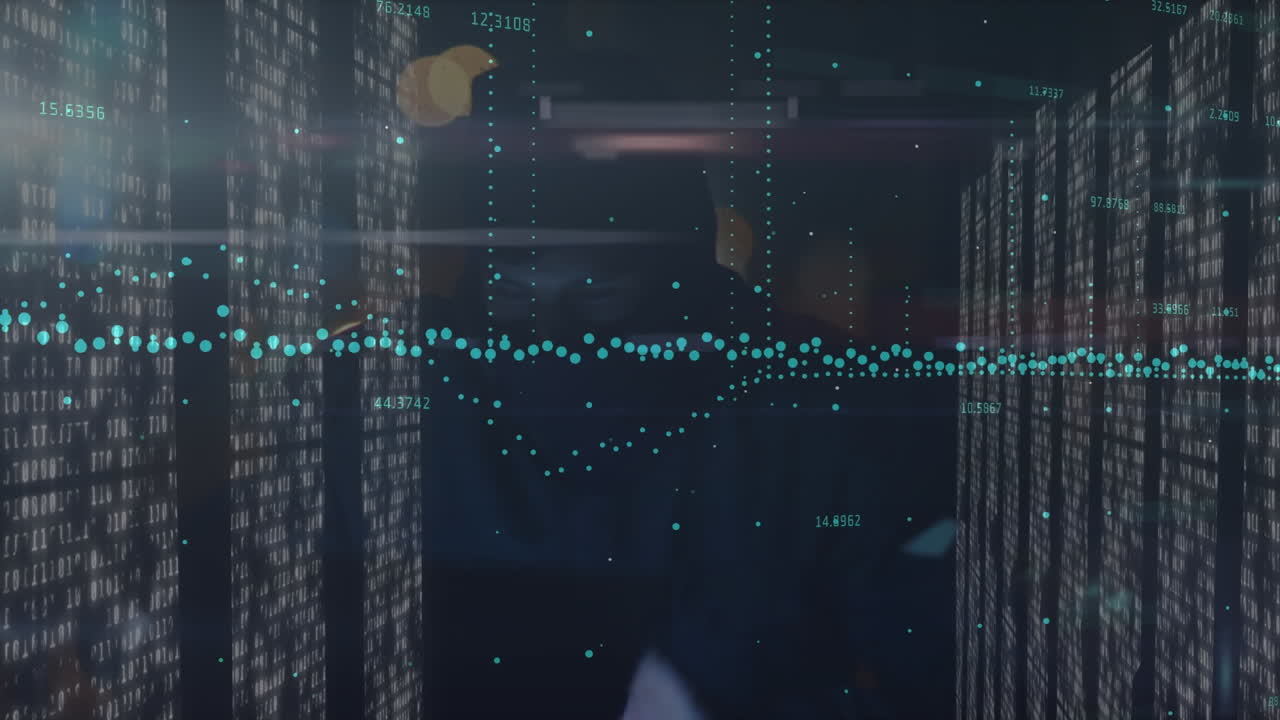 Animation of financial data processing over male hacker and computer servers