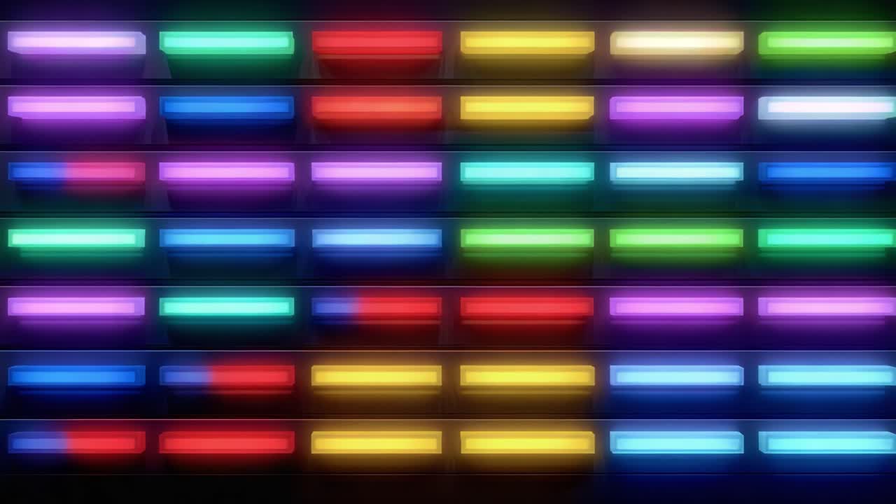 Un vivace esempio di barre al neon colorate disposte in una griglia digitale, che mostra un caleidoscopio di luci che passano da diverse tonalità a diversi livelli di luminosità