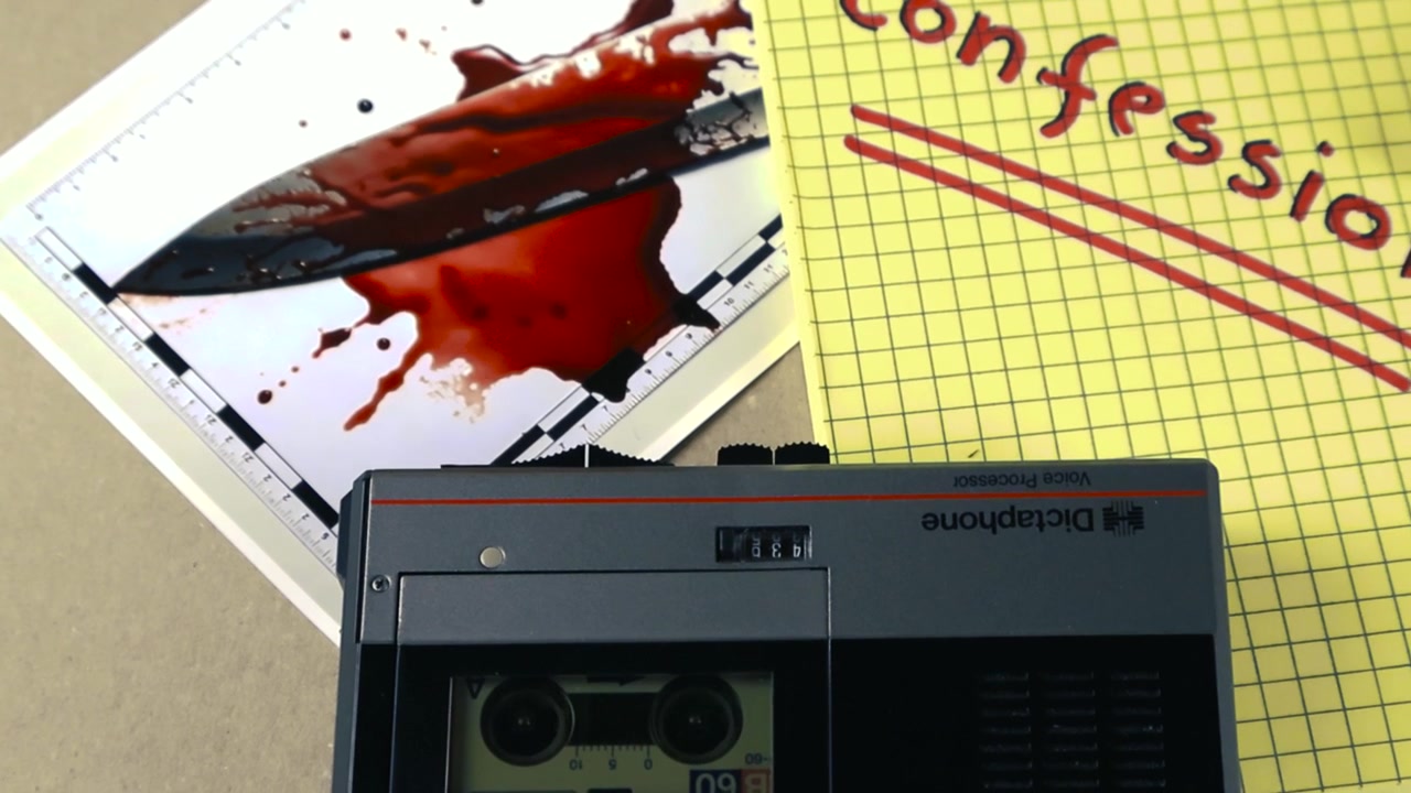 Dittafono retrò con microcassetta in movimento che registra una confessione su un blocco note accanto a prove da una scena del crimine, inclusi un coltello insanguinato e foto forensi