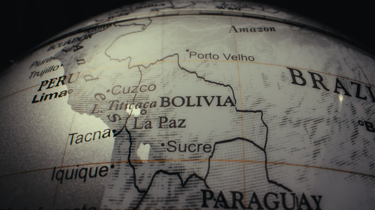 Close-up of a world globe focused on South America