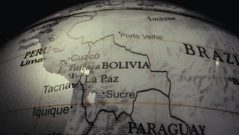 close-up of a world globe focused on south america