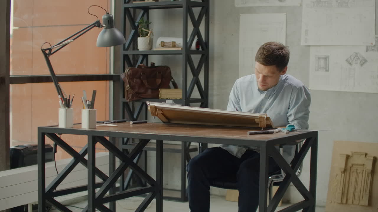 테이블에 앉아있는 남성 건축가는 건물의 계획을 그리고 큰 창문 근처의 사이틀 로프트에 있는 사무실에서 디자인 개발에 종사하고 있습니다.