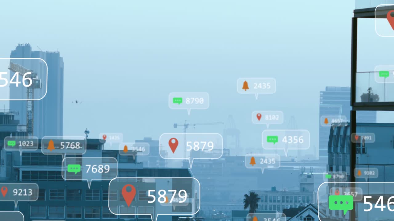 Animation of social media icons and data processing over cityscape