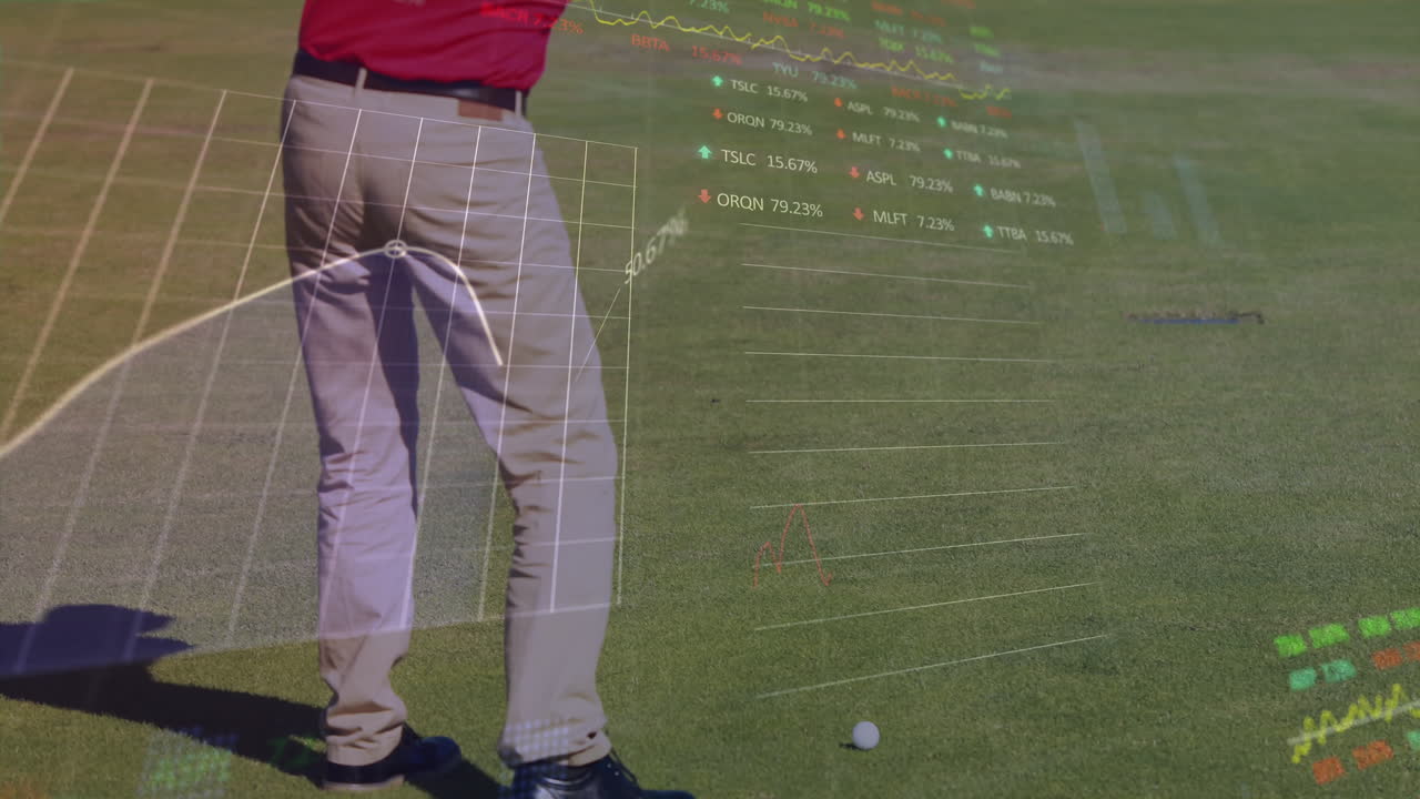 골프 공을 때리는 백인 골프 선수에 대한 그래프와 거래 보드의 애니메이션