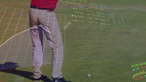 animation of graphs and trading boards over caucasian golf player hitting golf ball