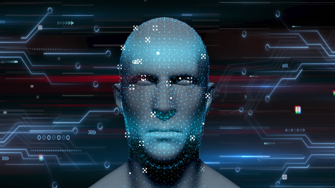 animación de iconos digitales de cabeza y líneas de neón