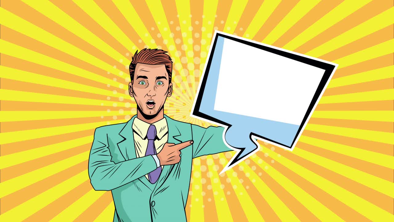 businessman with speech bubble pop art animation