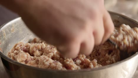 mixing raw minced pork in a bowl with spicies