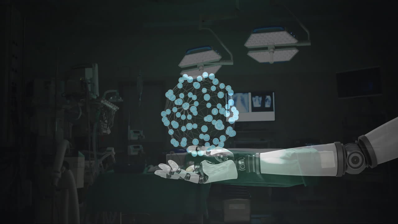 Holding digital network sphere animation, robotic hand in medical equipment background