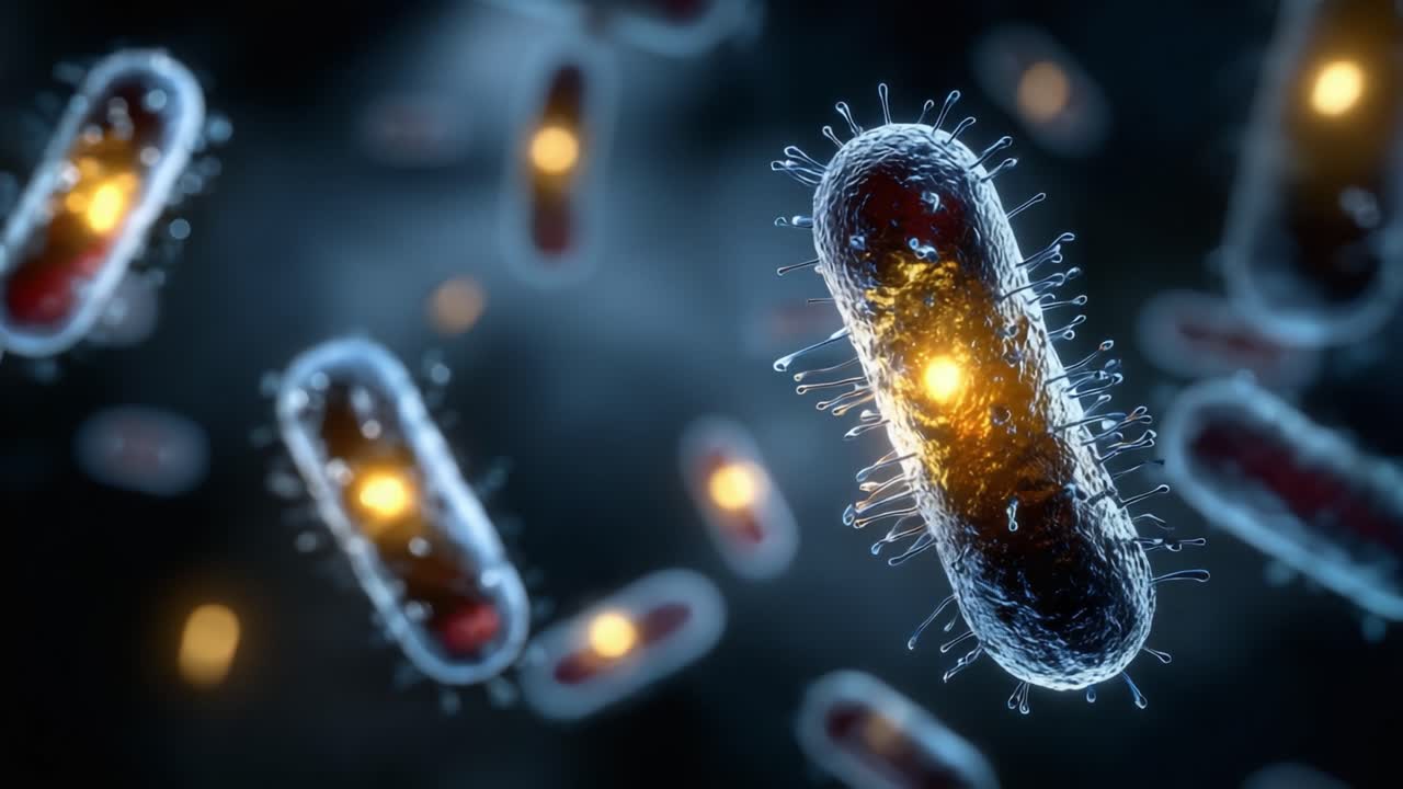 Fantastisk visualisering af mikroskopiske bakterier i aktion, der fremviser deres intrikate struktur og levende farver under videnskabelig observation.
