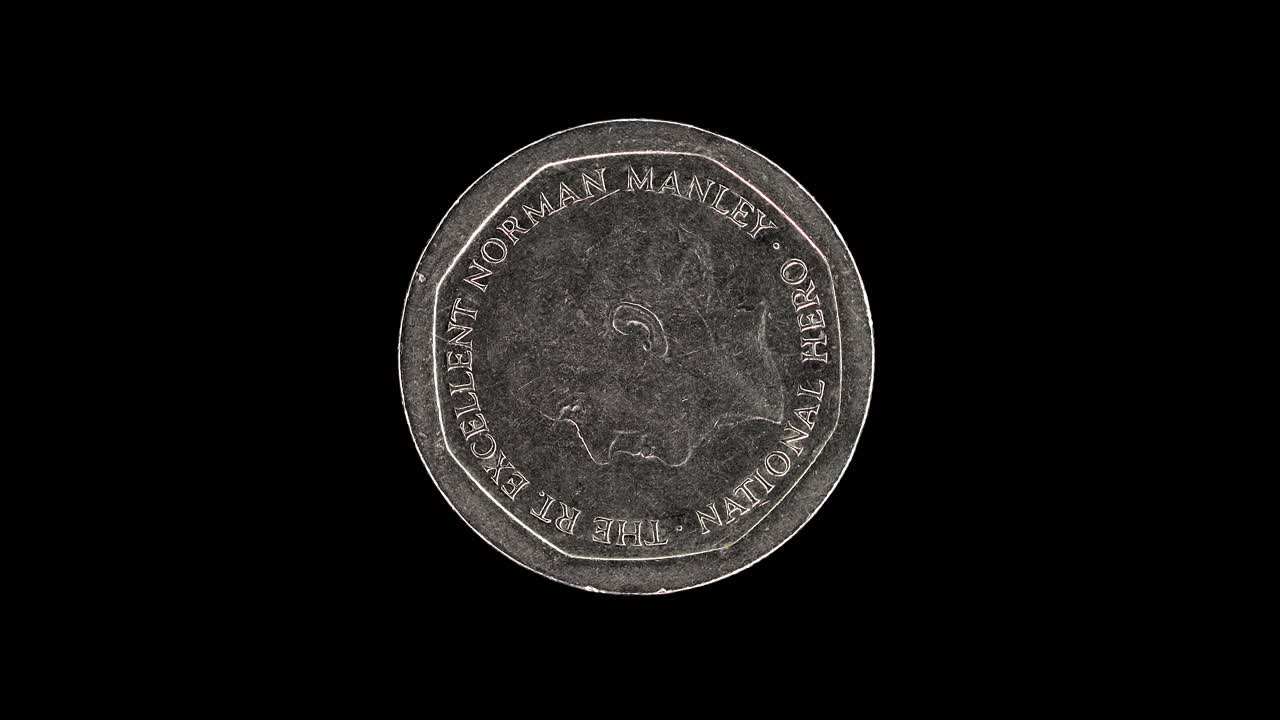 Jamaica 1996 5 dollars coin reverse with portrait of Norman Manley rotating on black background