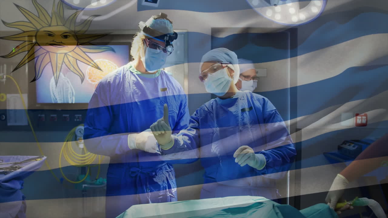 Lead surgeon holding forceps in hospital OR, showing animated brain scan and icons