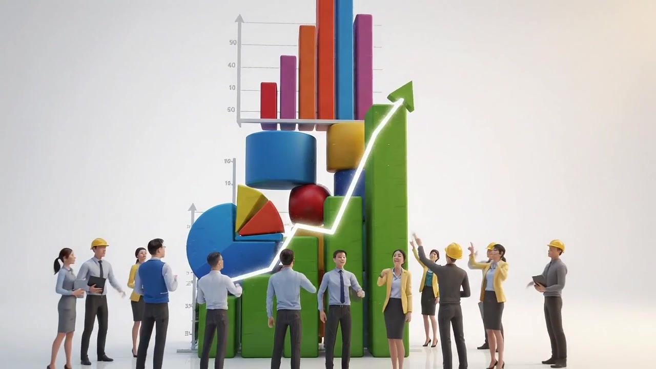 Dynamic Collaboration and Growth: A Team of Professionals Strategically Building a Colorful Structure Representing Growth and Progress in a Modern Workplace
