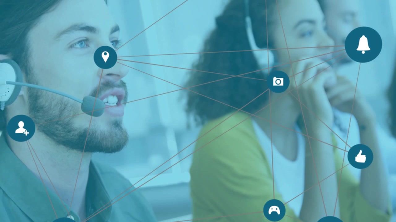 Tech support agents speaking into headsets generating floating icons mapping converging channels