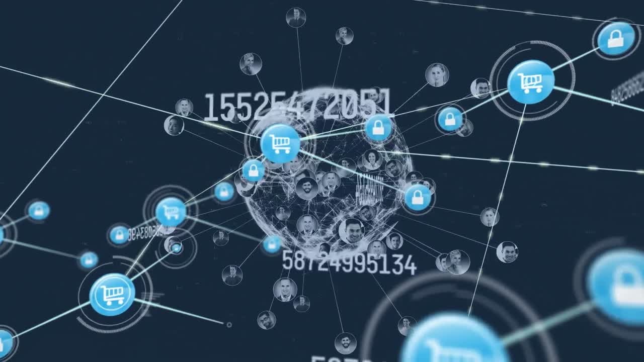 Animation of network of connections with digital icons and globe with numbers changing