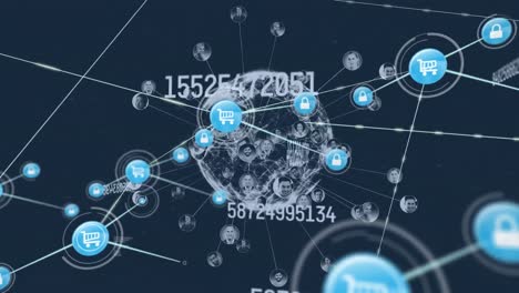 Animation-of-network-of-connections-with-digital-icons-and-globe-with-numbers-changing