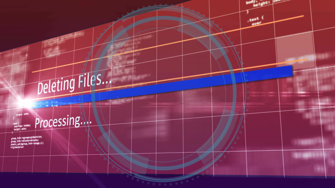 파일 삭제 및 데이터 보호를 위한 애니메이션 처리가 빨간 격자 배경에서