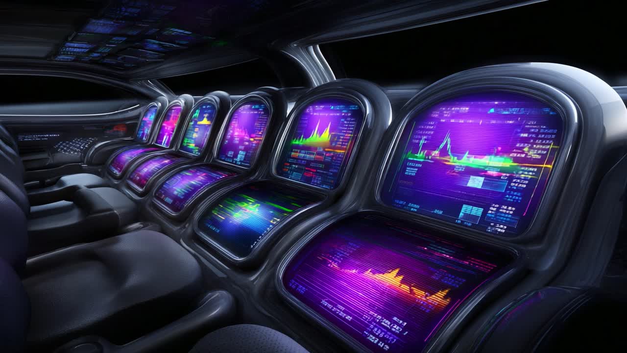 Futuristic Control Room Featuring Advanced Data Displays and Interactive Screens for High-Tech Monitoring and Analysis in a Sleek, Streamlined Environment