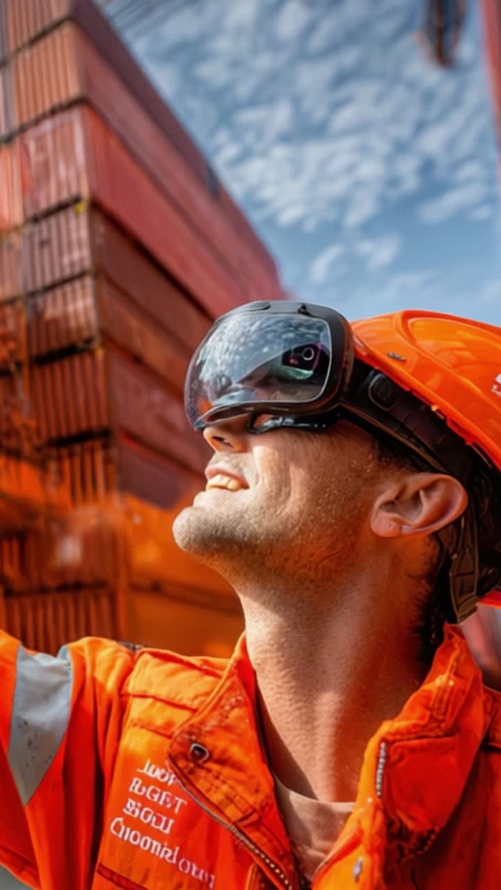 Un lavoratore dedicato in tuta di sicurezza arancione comunica istruzioni indossando occhiali VR in un vivace cantiere navale, garantendo sicurezza ed efficienza