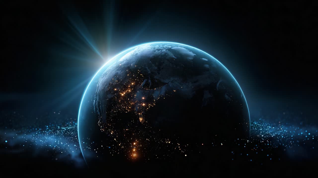 Una vista mozzafiato della Terra dallo spazio con luci intense che illuminano le città nell'oscurità, catturata in una splendida scena cosmica con particelle luminose