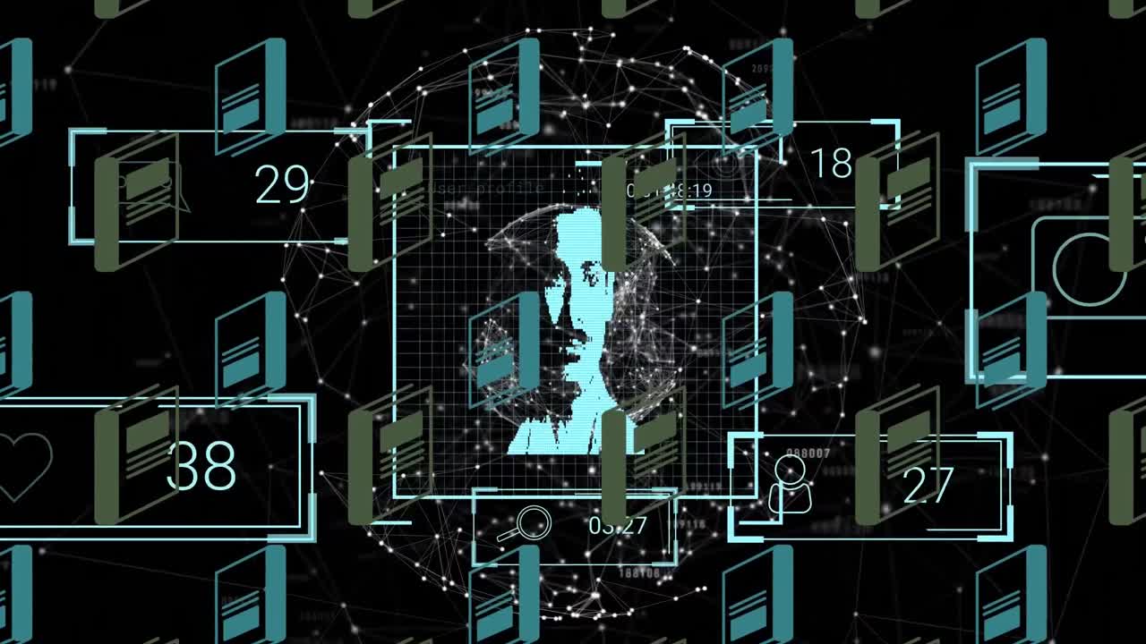 점점 더 많은 수의 아이콘의 애니메이션과 전 세계 다양한 사람들의 초상화와 함께 데이터 처리