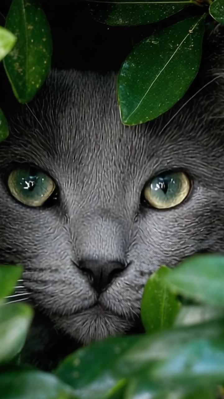 A Mysterious Gray Cat Concealed Among Lush Green Leaves, Capturing the Intrigue and Enchantment of Nature's Hidden Creatures