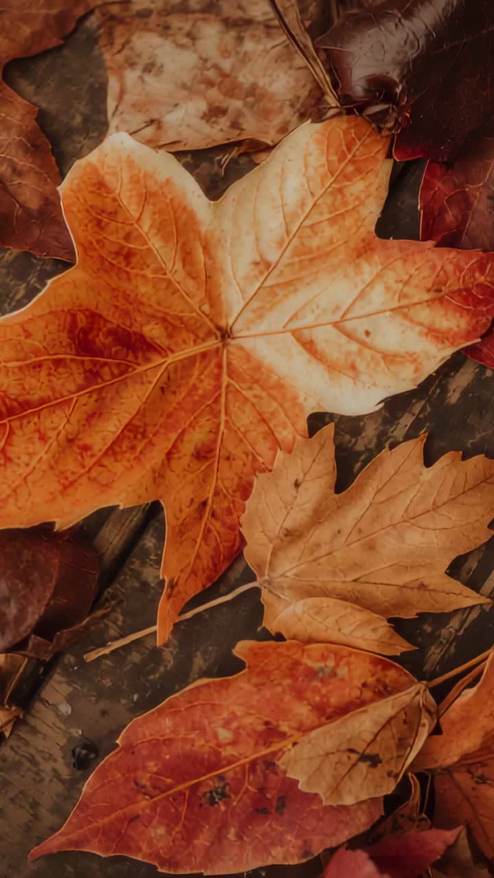 Vertical video: Panning camera rising over dark base, revealing orange maple leaf and brown stems