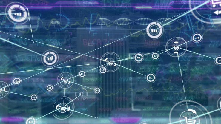 Animation of connections over financial data and graphs on navy background