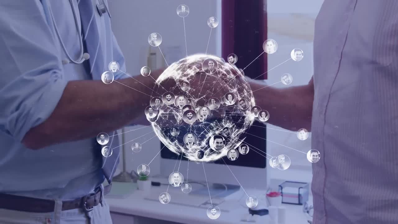 사무실에 있는 다양한 사업가들과의 연결을 가진 전 세계의 애니메이션