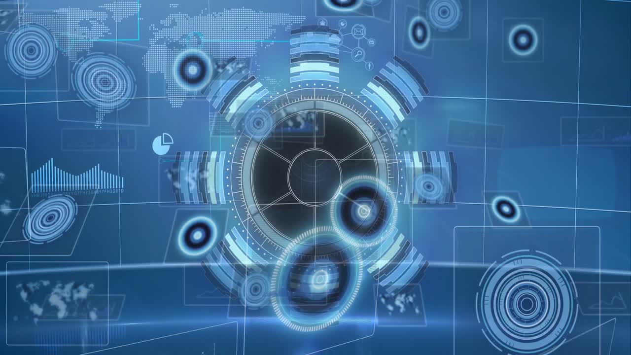 스 ⁇  스캐닝과 데이터 처리 스크린과 파란색 배경의 세계 지도의 애니메이션