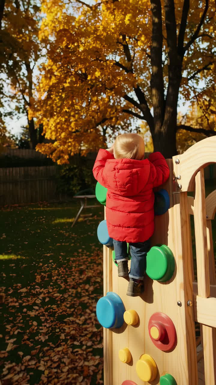 Toddler climbing a colorful wall in an autumn backyard