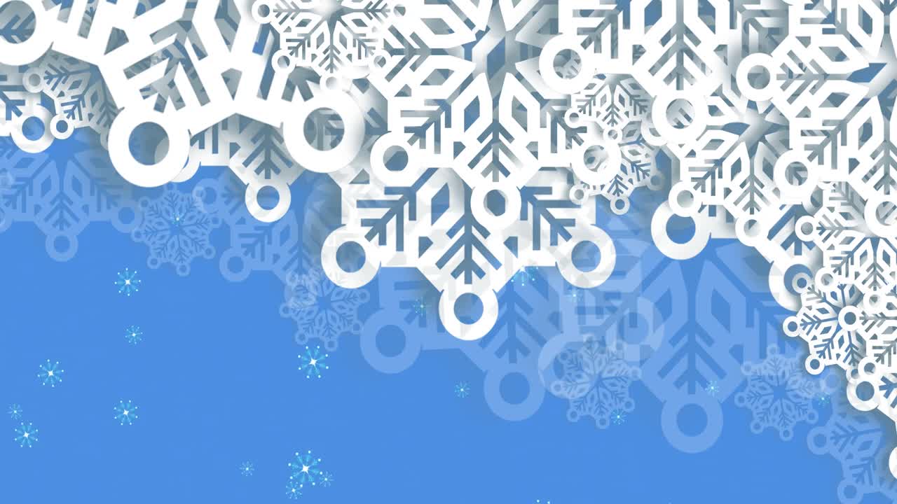 animation of snow falling over christmas decorations on blue background ...