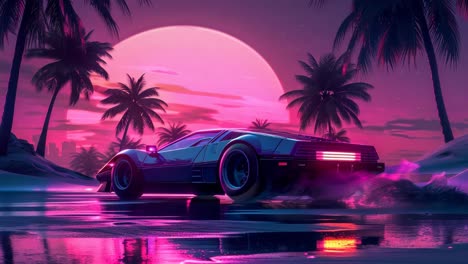 retro futuristic sports car on a beach at sunset