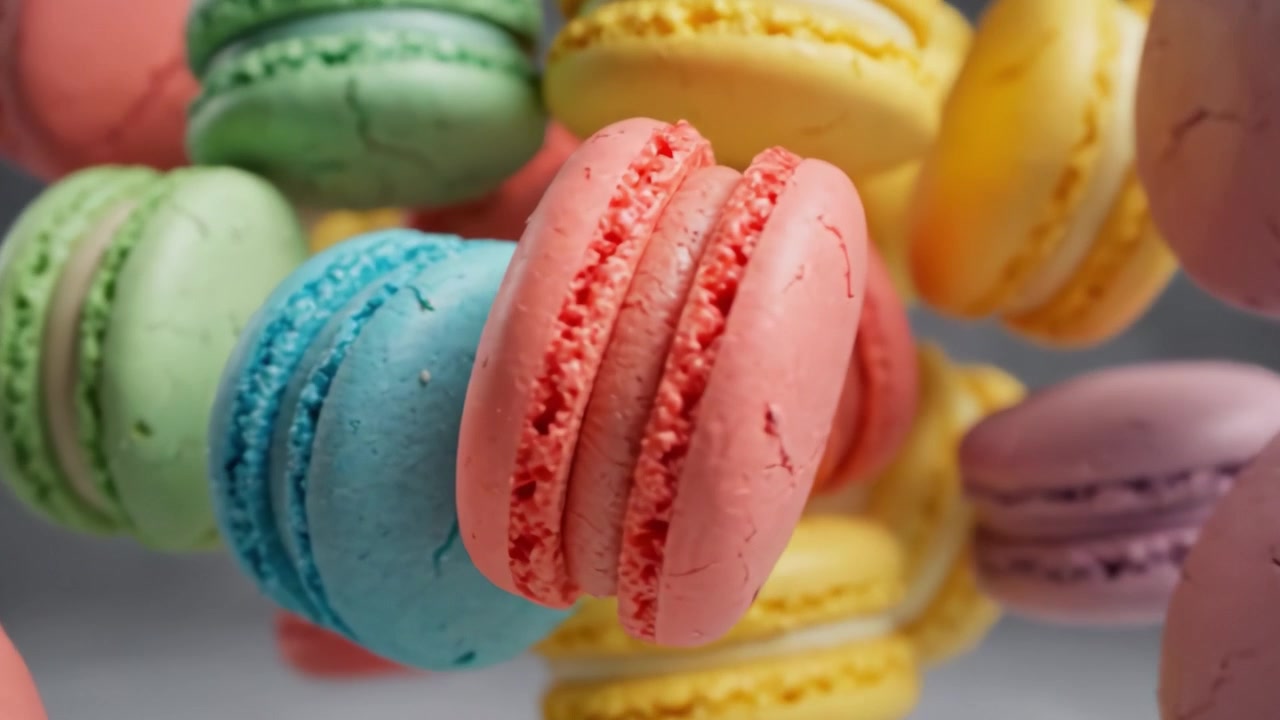 A Vibrant Display of Colorful Macarons in a Playful Arrangement, Showcasing Their Delicate Texture and Sweet Appeal Against a Soft Grey Background