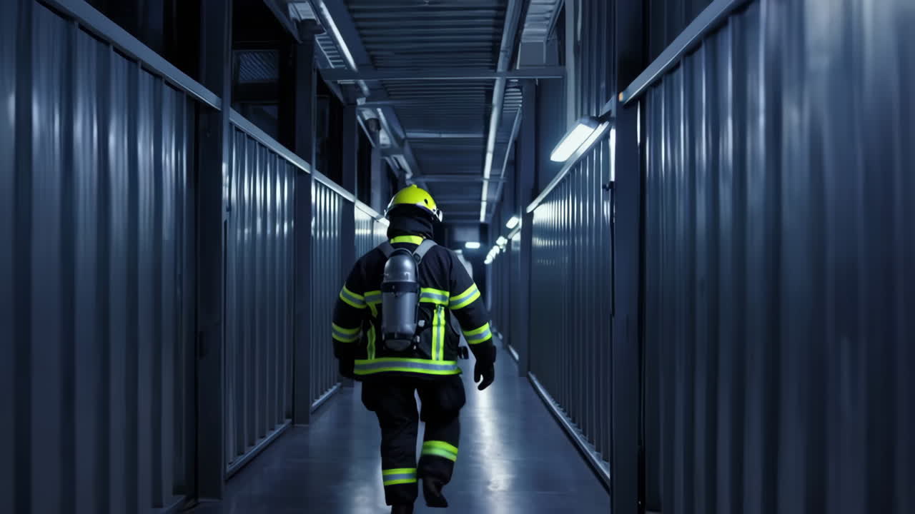 Firefighter in Industrial Corridor
