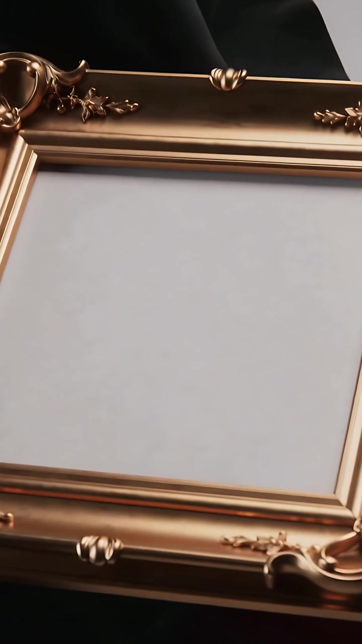 Video verticale: Telecamera che si allontana rivelando una cornice dorata su un drappo nero, mostrando un inserto bianco.
