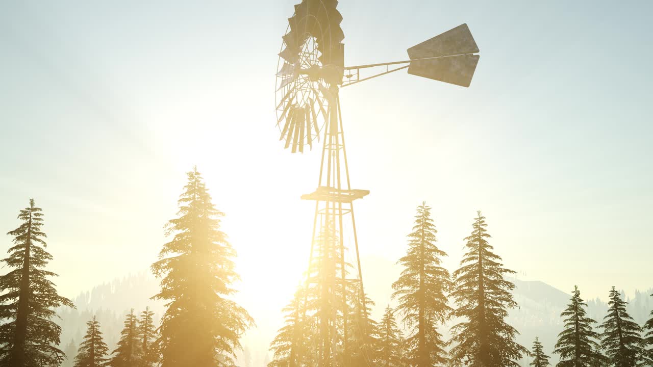 일몰 때 숲 속 에 있는 전형적 인  ⁇ 은 풍차 터빈