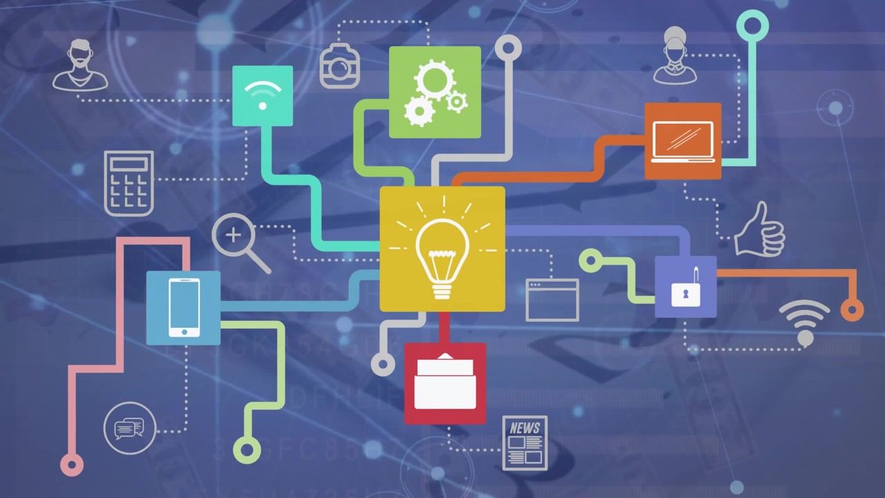 Animation of network of connections with icons over data processing