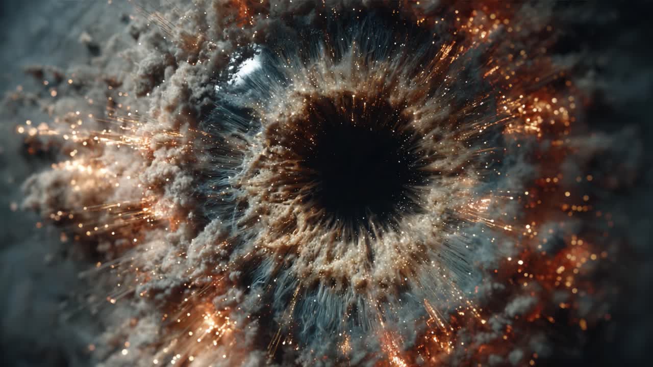 Explosive Cosmic Phenomenon: A Captivating View of a Celestial Event with Dramatic, Fiery Bursts and a Dark Center in High-Definition Detail