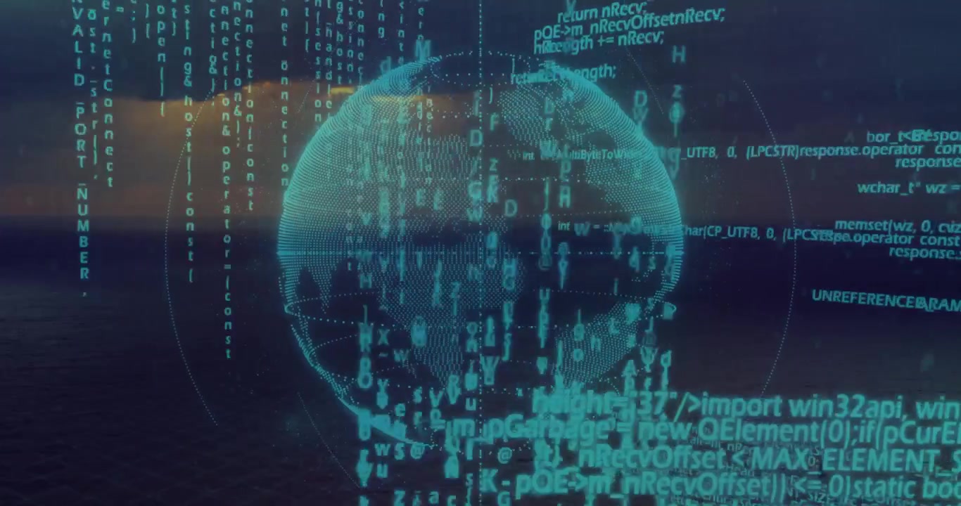 Hovering digital globe above sunset sea starting code sliding, rotating, sending data
