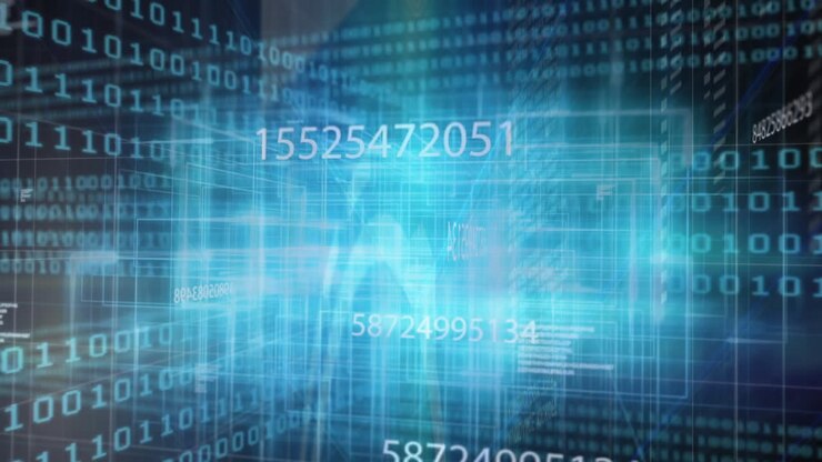 Numeri digitali fluttuanti e codice binario in uno spazio di animazione virtuale blu