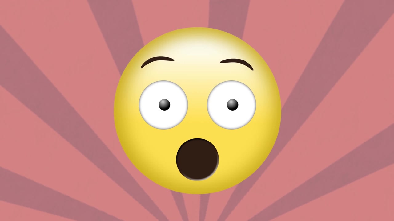 Animation of surprised face emoji over radial rays in seamless pattern against purple background