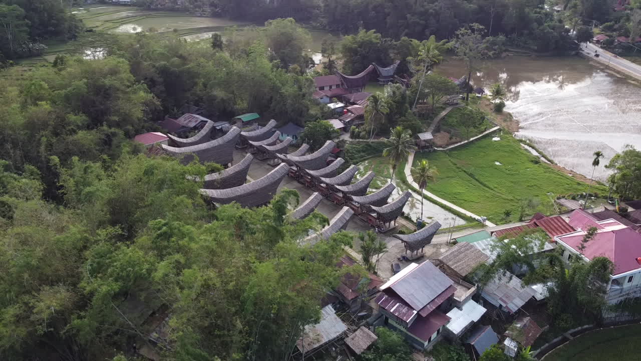 Aerial View of Traditional Tongkonan Houses in a Lush Indonesian Landscape
