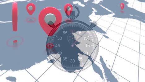 Animation-of-location-pins-over-world-map-and-stopwatch