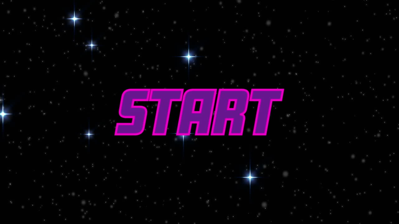 검은색 배경의 별 위에 있는 시작 텍스트의 애니메이션