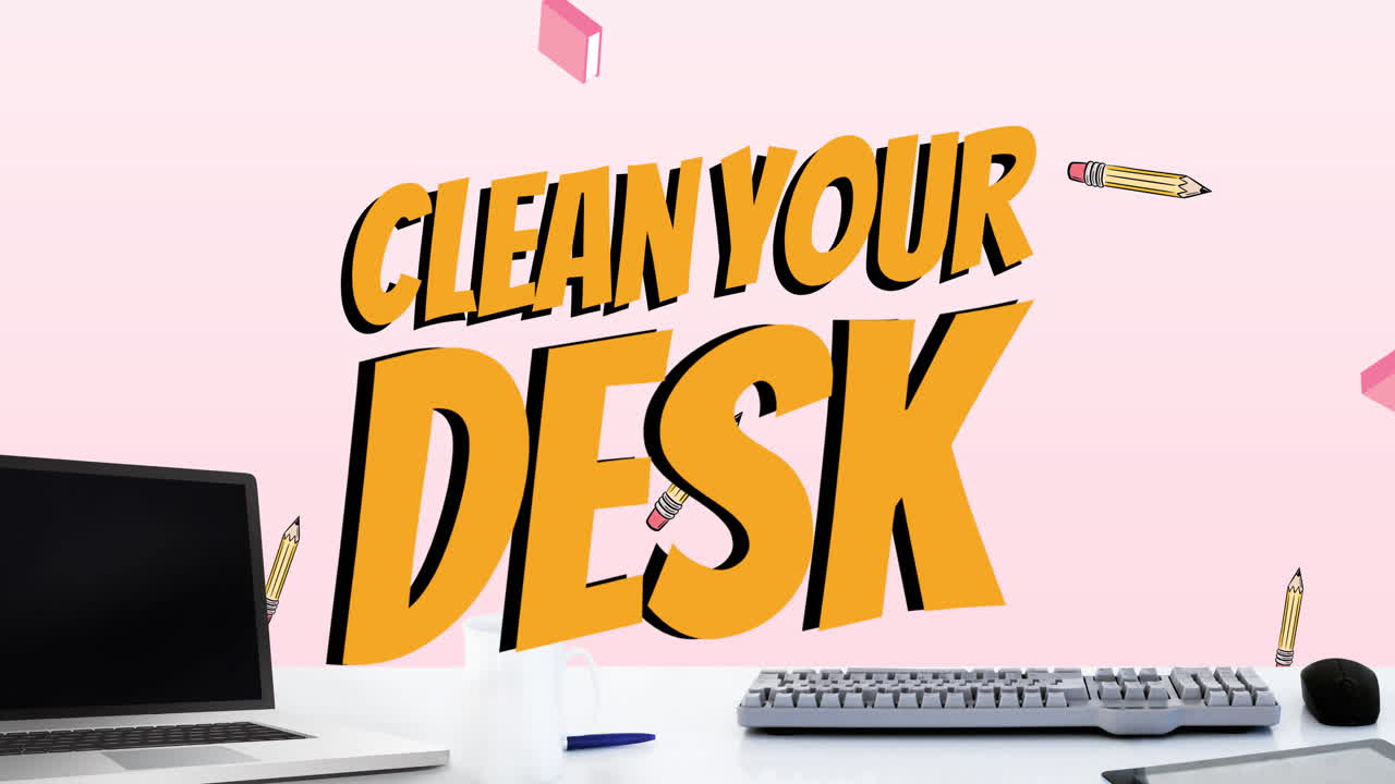 Animation of clean your desk text over laptop and office items over pink background