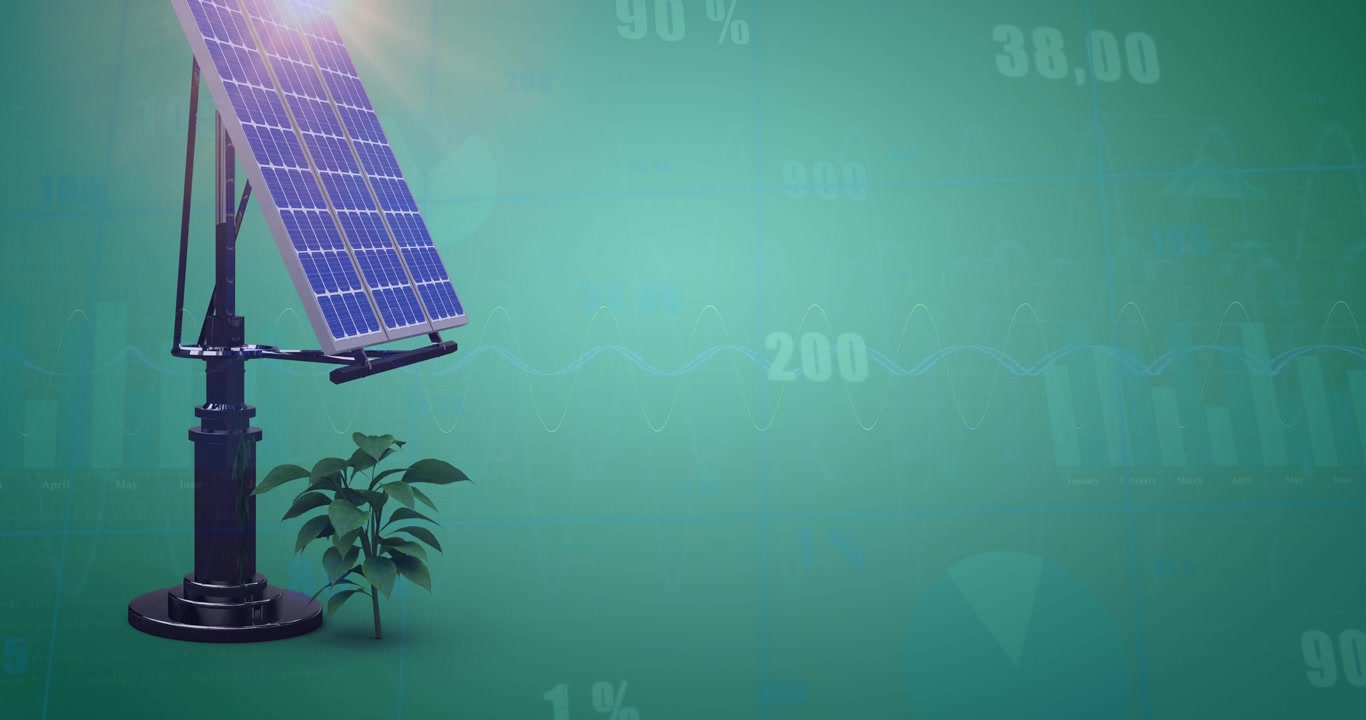 Animazione di elaborazione di dati finanziari su pannello solare su sfondo verde